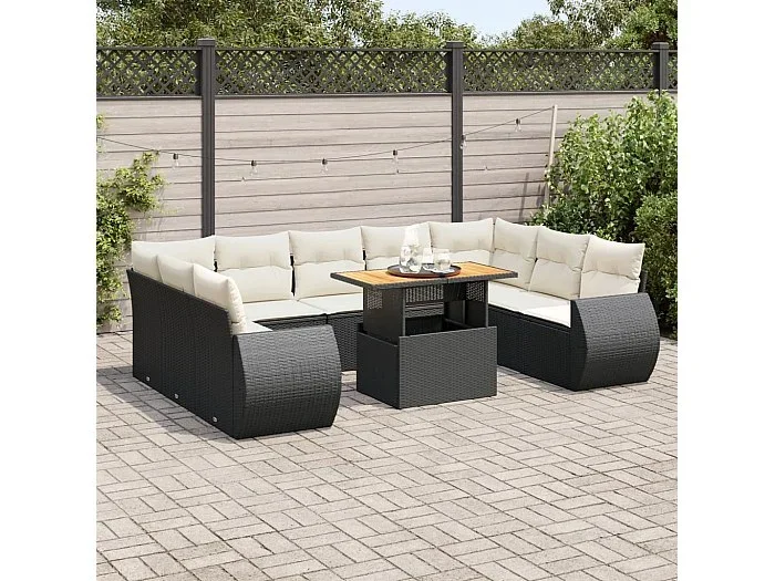 Set de sofás de jardín y cojines 10 piezas ratán sintético negro