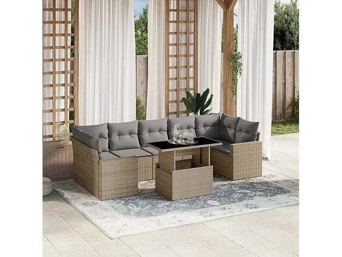 Set de sofás de jardín y cojines 8 piezas ratán sintético beige