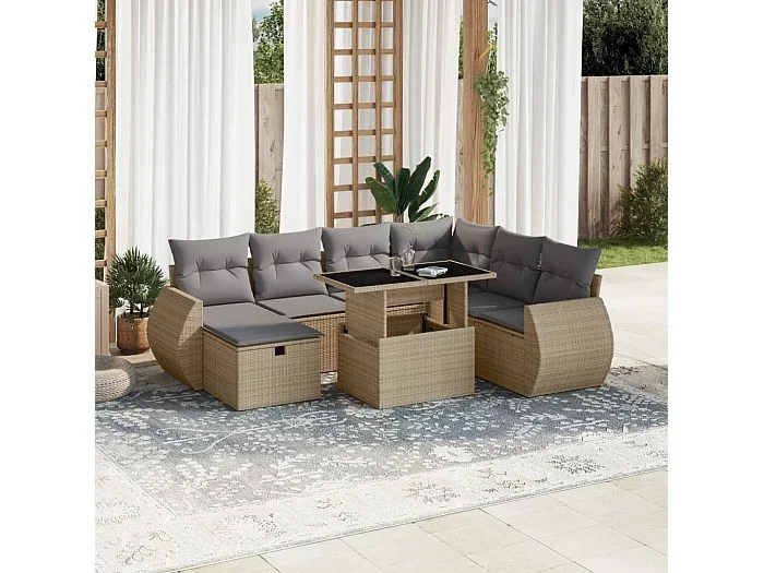 Set de sofás de jardín y cojines 8 piezas ratán sintético beige
