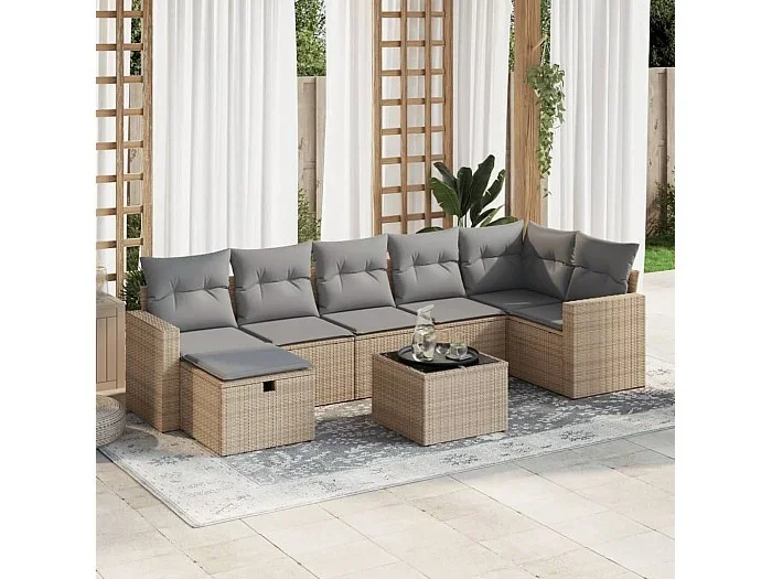 Set de sofás de jardín y cojines 8 piezas ratán sintético beige