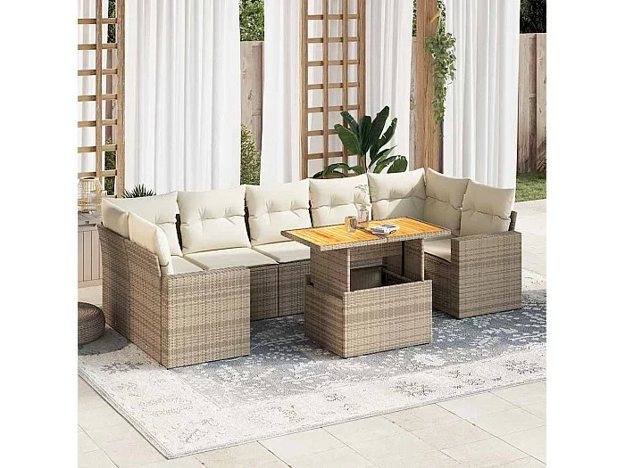 Set de sofás de jardín y cojines 8 piezas ratán sintético beige