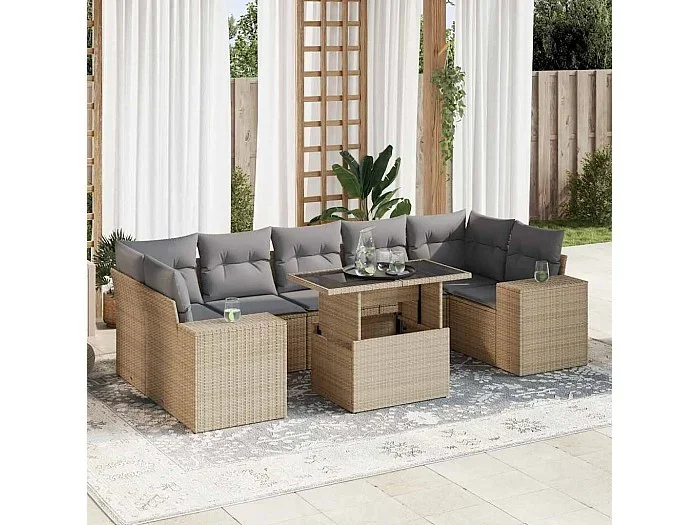 Set de sofás de jardín y cojines 8 piezas ratán sintético beige