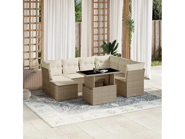 Set de sofás de jardín y cojines 8 piezas ratán sintético beige