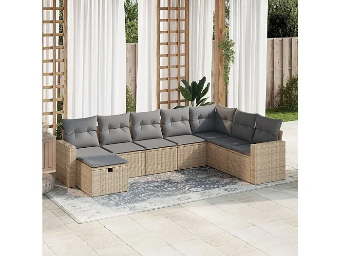 Set de sofás de jardín y cojines 8 piezas ratán sintético beige