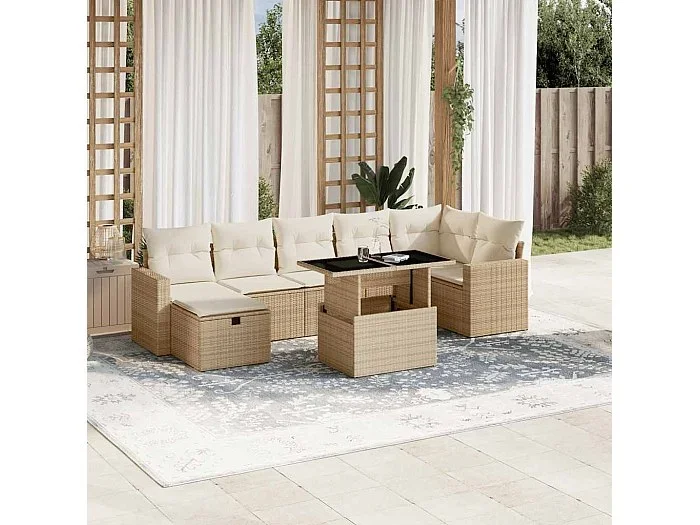 Set de sofás de jardín y cojines 8 piezas ratán sintético beige