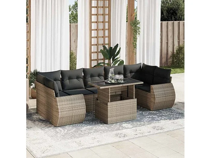 Set de sofás de jardín y cojines 8 piezas ratán sintético gris