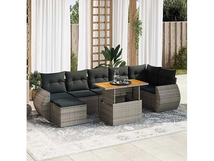Set de sofás de jardín y cojines 8 piezas ratán sintético gris