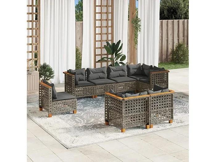 Set de sofás de jardín y cojines 8 piezas ratán sintético gris