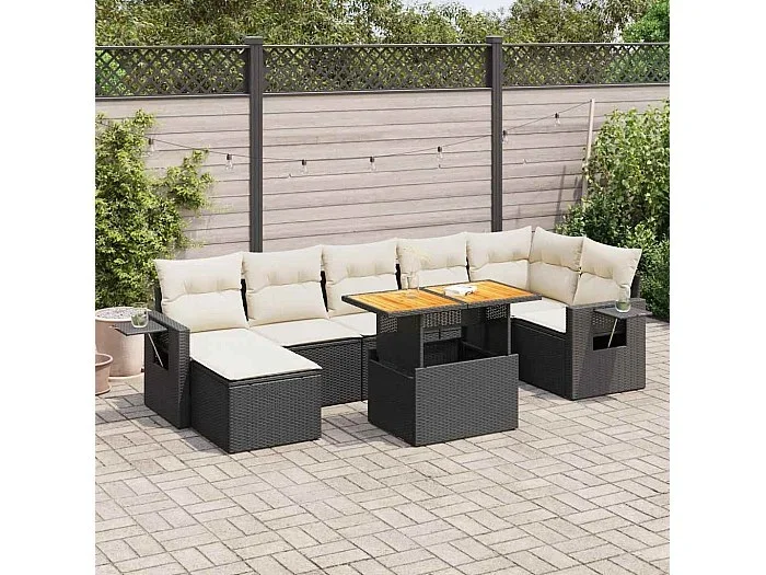 Set de sofás de jardín y cojines 8 piezas ratán sintético negro