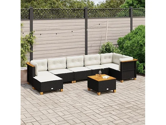 Set de sofás de jardín y cojines 8 piezas ratán sintético negro