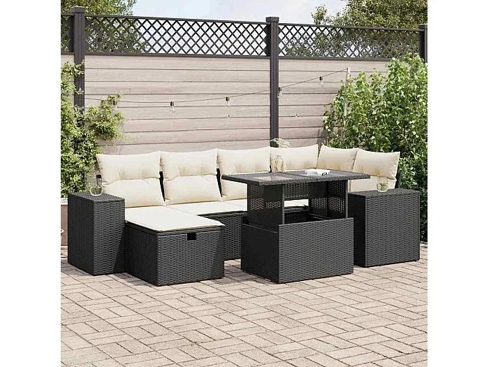 Set de sofás de jardín y cojines 8 piezas ratán sintético negro