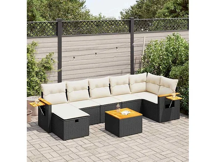 Set de sofás de jardín y cojines 8 piezas ratán sintético negro