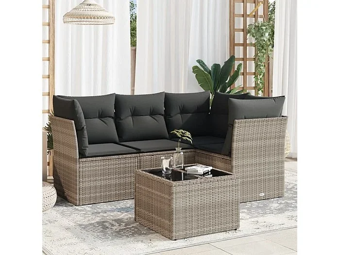 Set de sofás jardín y cojines 5 piezas ratán sintético gris claro