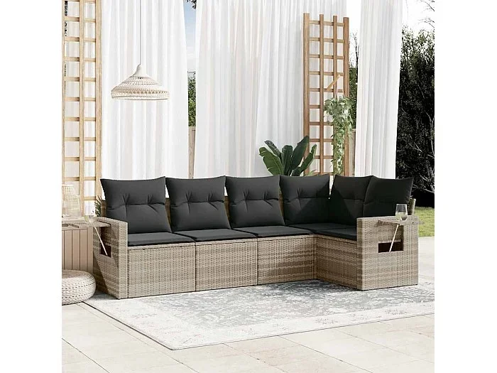 Set de sofás jardín y cojines 5 piezas ratán sintético gris claro