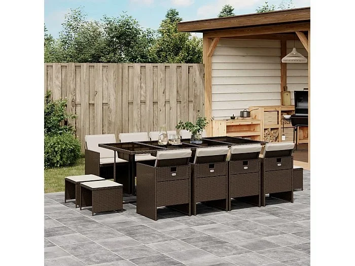 Set muebles de jardín 13 piezas y cojines ratán sintético marrón