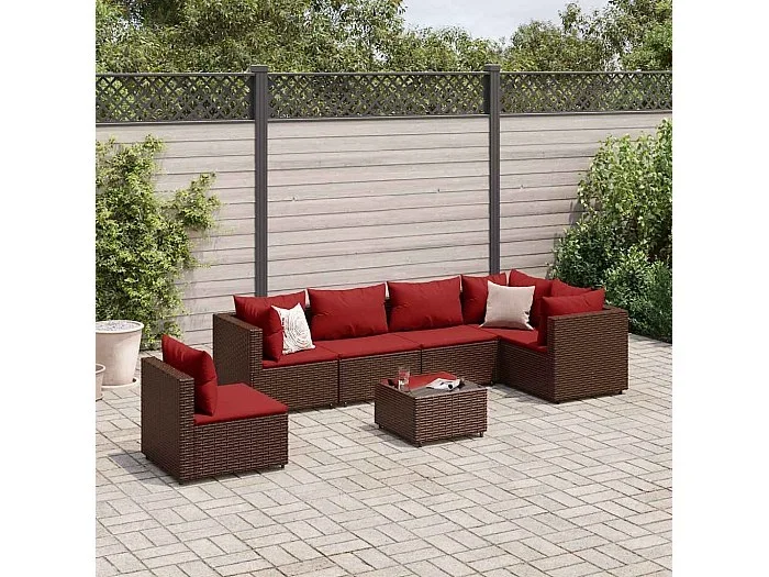 Set muebles de jardín 7 piezas y cojines ratán sintético marrón