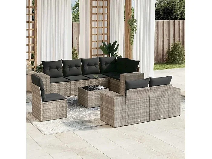 Set muebles jardín 9 piezas y cojines ratán sintético gris claro