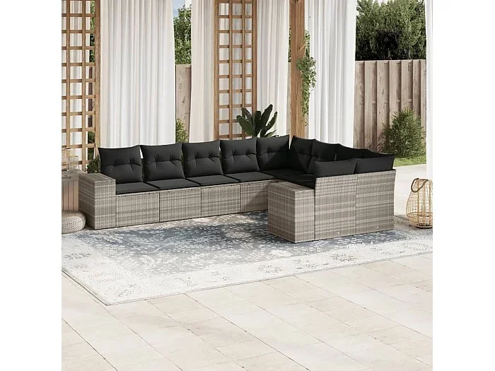 Set muebles jardín 9 piezas y cojines ratán sintético gris claro