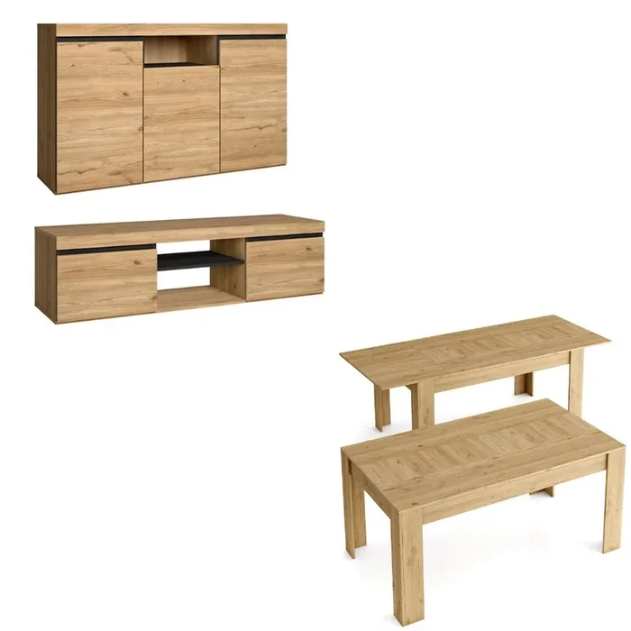 Set Naturale salón Comedor, Mueble Auxiliar, buffet-mueble tv 140cm-mesa extensible roble negro nórdico