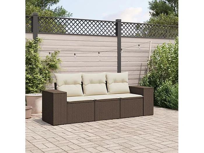 Set sofás de jardín 3 piezas y cojines ratán sintético marrón
