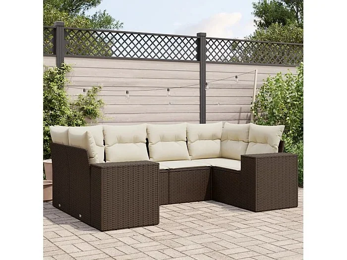 Set sofás de jardín 6 piezas y cojines ratán sintético marrón