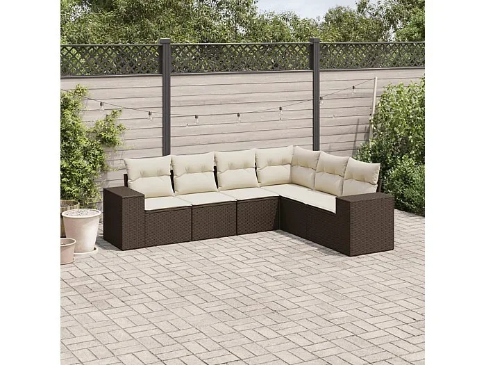 Set sofás de jardín 6 piezas y cojines ratán sintético marrón