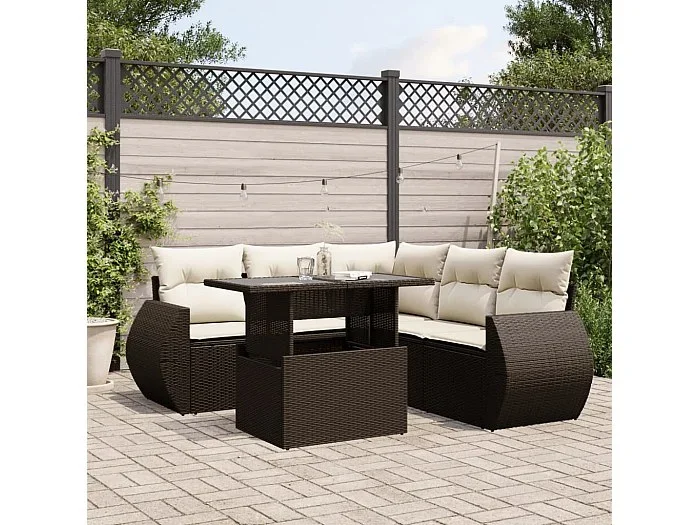 Set sofás de jardín 6 piezas y cojines ratán sintético marrón