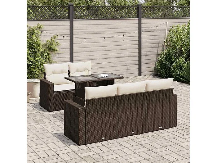 Set sofás de jardín 6 piezas y cojines ratán sintético marrón