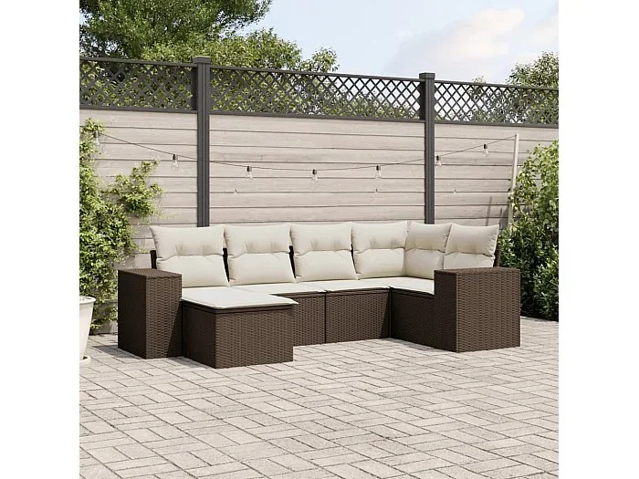 Set sofás de jardín 6 piezas y cojines ratán sintético marrón