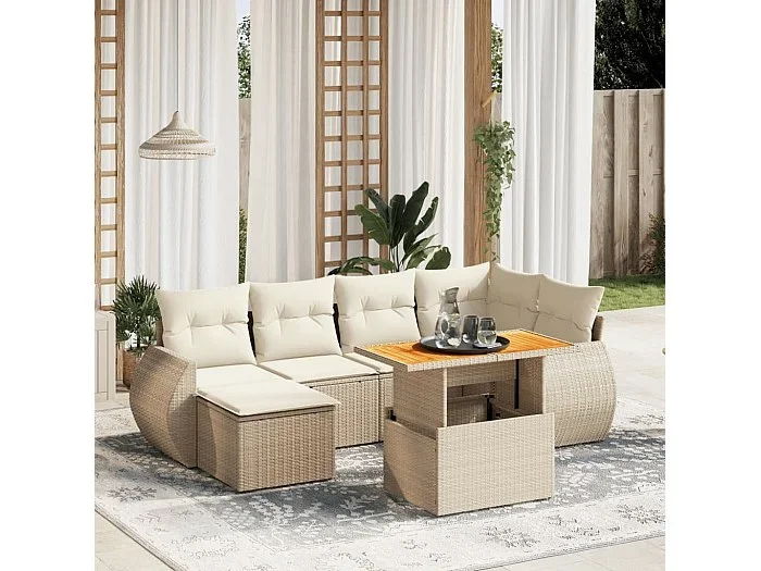 Set sofás de jardín 7 piezas y cojines ratán sintético beige