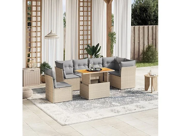 Set sofás de jardín 7 piezas y cojines ratán sintético beige