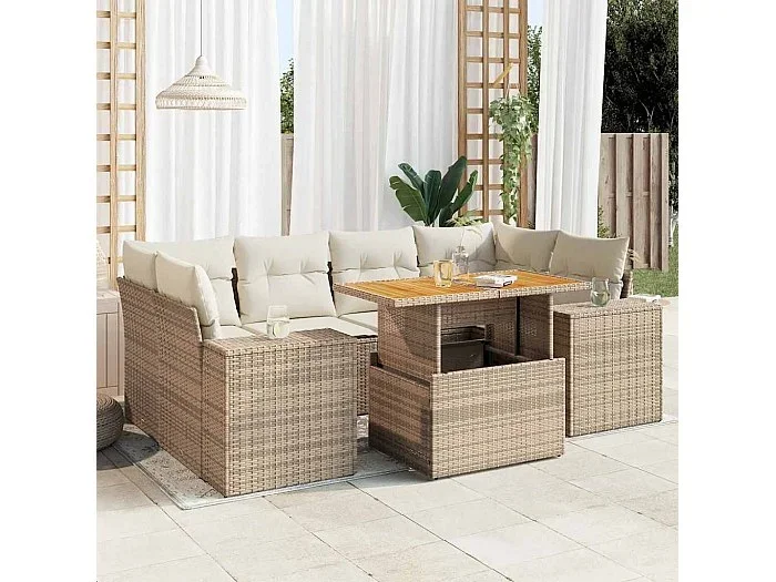 Set sofás de jardín 7 piezas y cojines ratán sintético beige