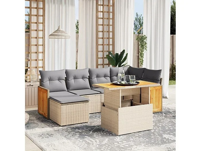 Set sofás de jardín 7 piezas y cojines ratán sintético beige