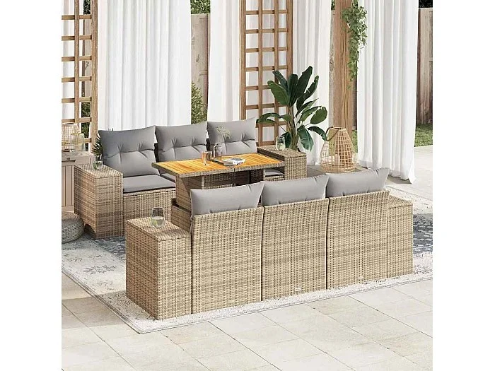Set sofás de jardín 7 piezas y cojines ratán sintético beige