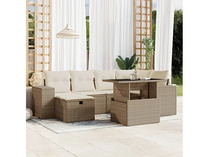 Set sofás de jardín 7 piezas y cojines ratán sintético beige