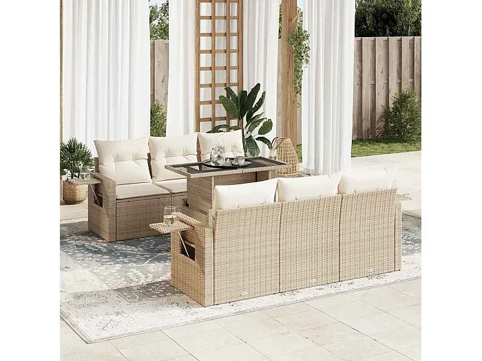 Set sofás de jardín 7 piezas y cojines ratán sintético beige