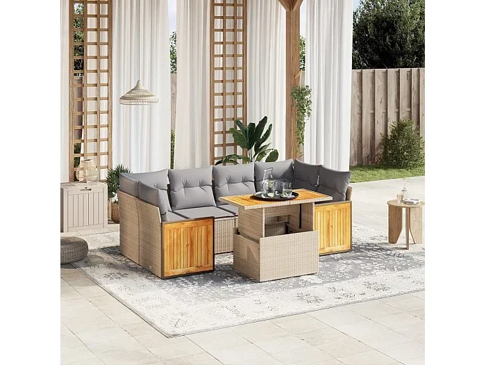 Set sofás de jardín 7 piezas y cojines ratán sintético beige