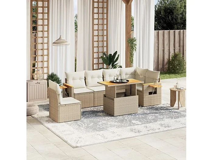 Set sofás de jardín 7 piezas y cojines ratán sintético beige