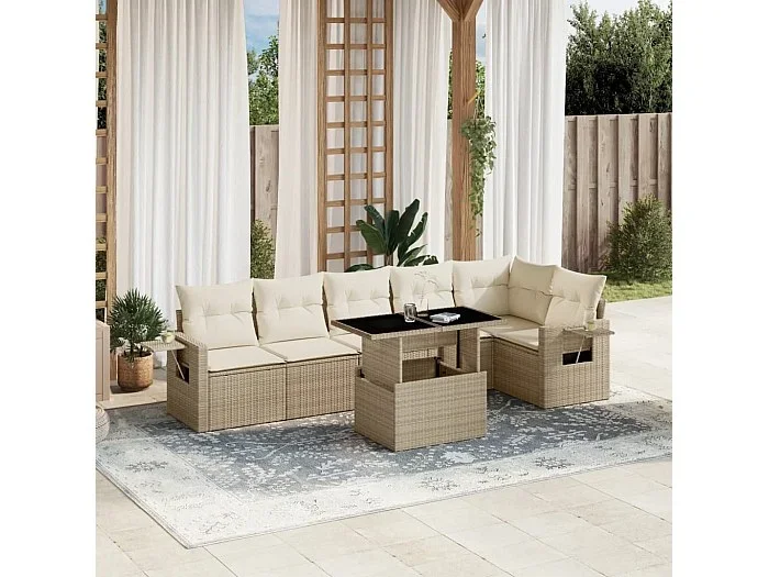 Set sofás de jardín 7 piezas y cojines ratán sintético beige
