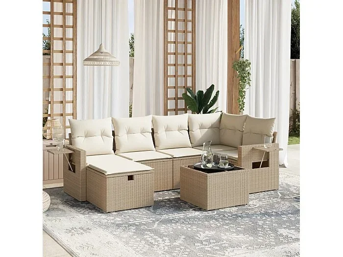 Set sofás de jardín 7 piezas y cojines ratán sintético beige