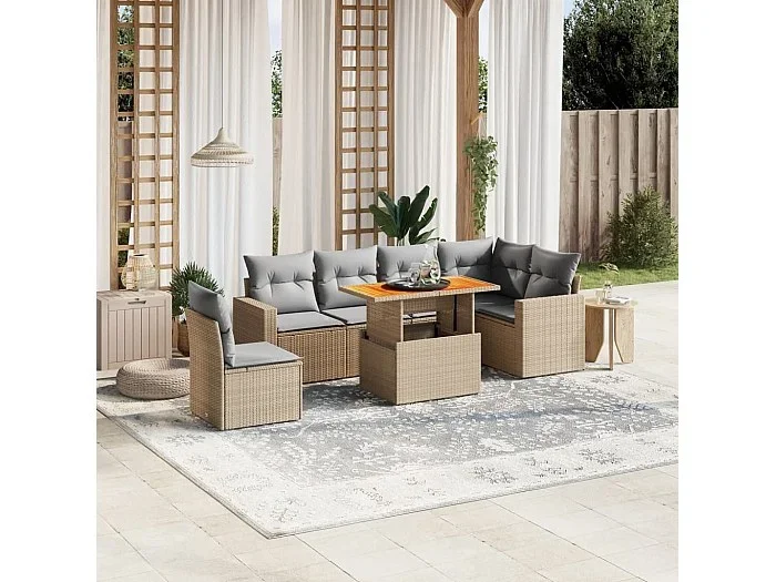 Set sofás de jardín 7 piezas y cojines ratán sintético beige