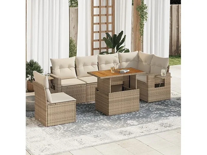 Set sofás de jardín 7 piezas y cojines ratán sintético beige