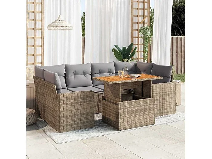 Set sofás de jardín 7 piezas y cojines ratán sintético beige