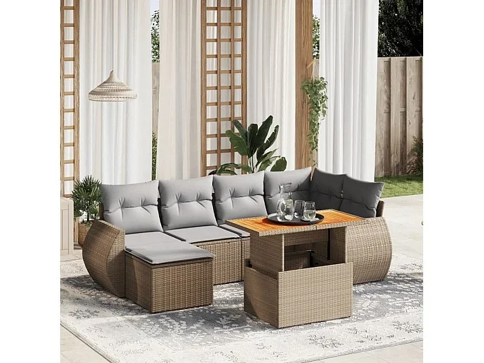 Set sofás de jardín 7 piezas y cojines ratán sintético beige