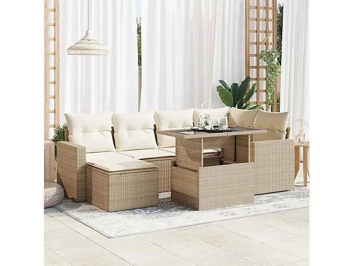 Set sofás de jardín 7 piezas y cojines ratán sintético beige