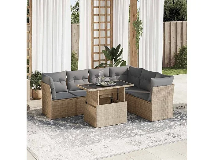 Set sofás de jardín 7 piezas y cojines ratán sintético beige