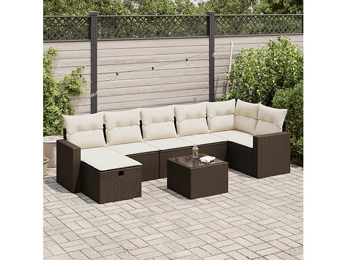 Set sofás de jardín 8 piezas y cojines ratán sintético marrón