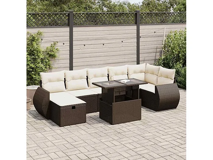 Set sofás de jardín 8 piezas y cojines ratán sintético marrón