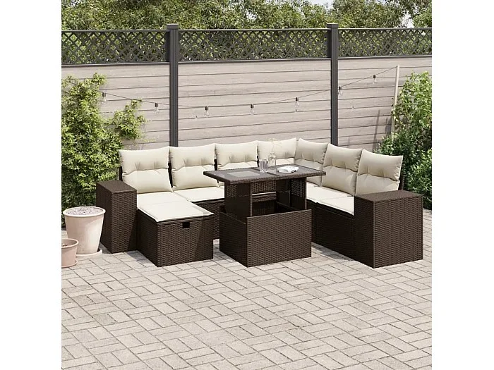 Set sofás de jardín 8 piezas y cojines ratán sintético marrón