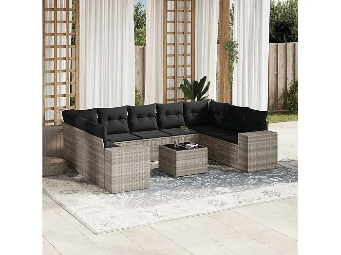Set sofás jardín 10 piezas con cojines ratán sintético gris claro